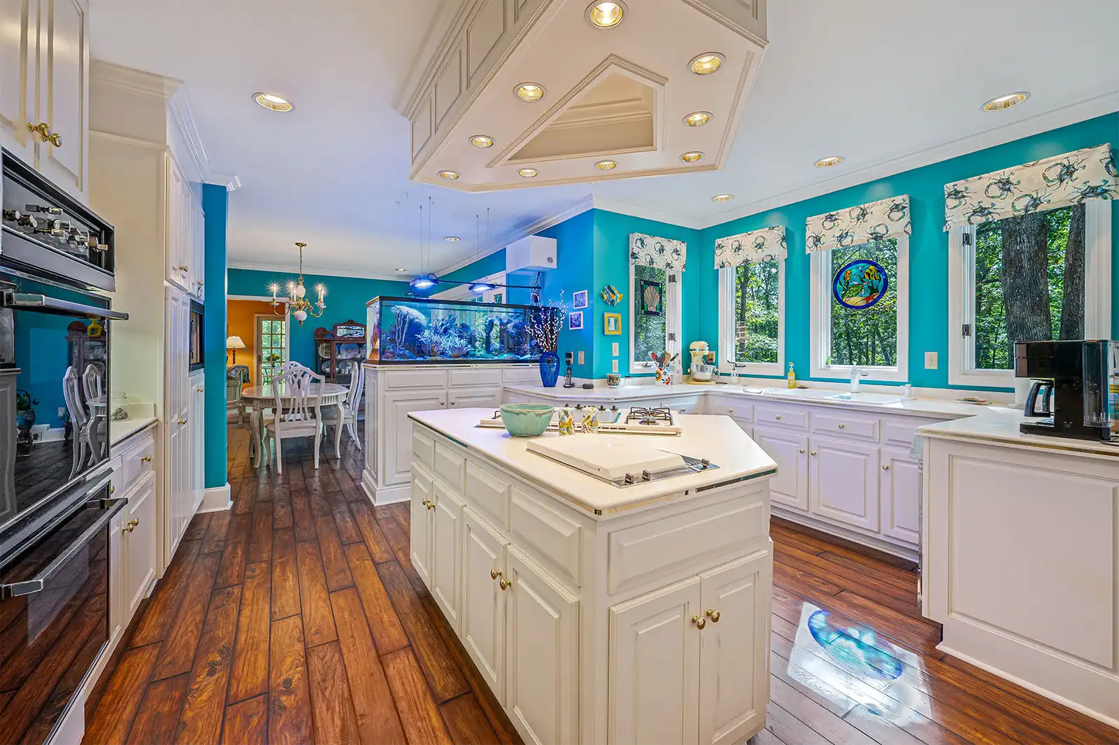 beautiful kitchen with saltwater aquarium