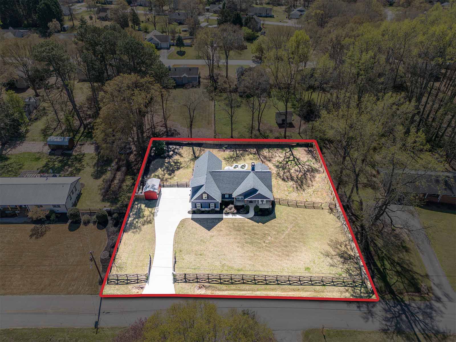 Aerial real estate photograph with property location graphics