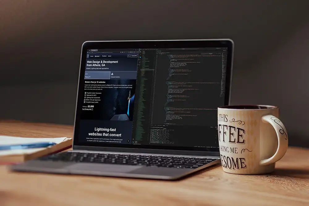 Modern website development workspace with code displayed on a laptop