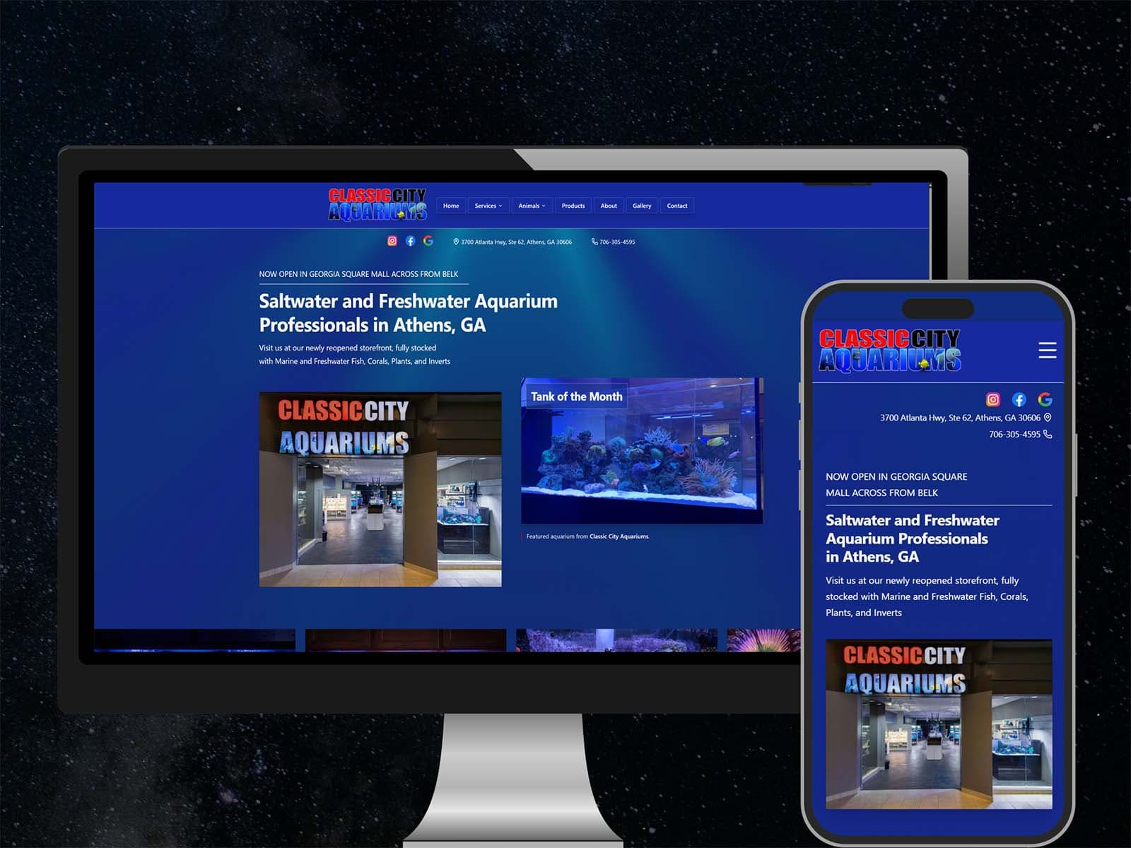 Classic City Aquariums website displayed inside a browser window