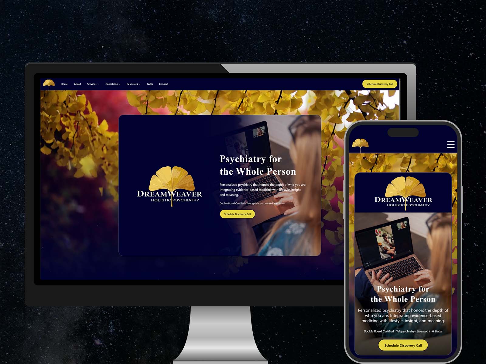 Dreamweaver Holistic Psychiatry website displayed inside a browser window