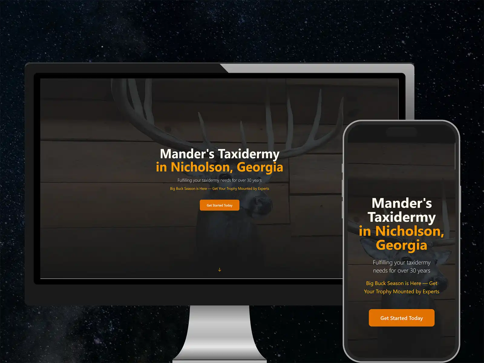 Mander's Taxidermy website displayed inside a browser window
