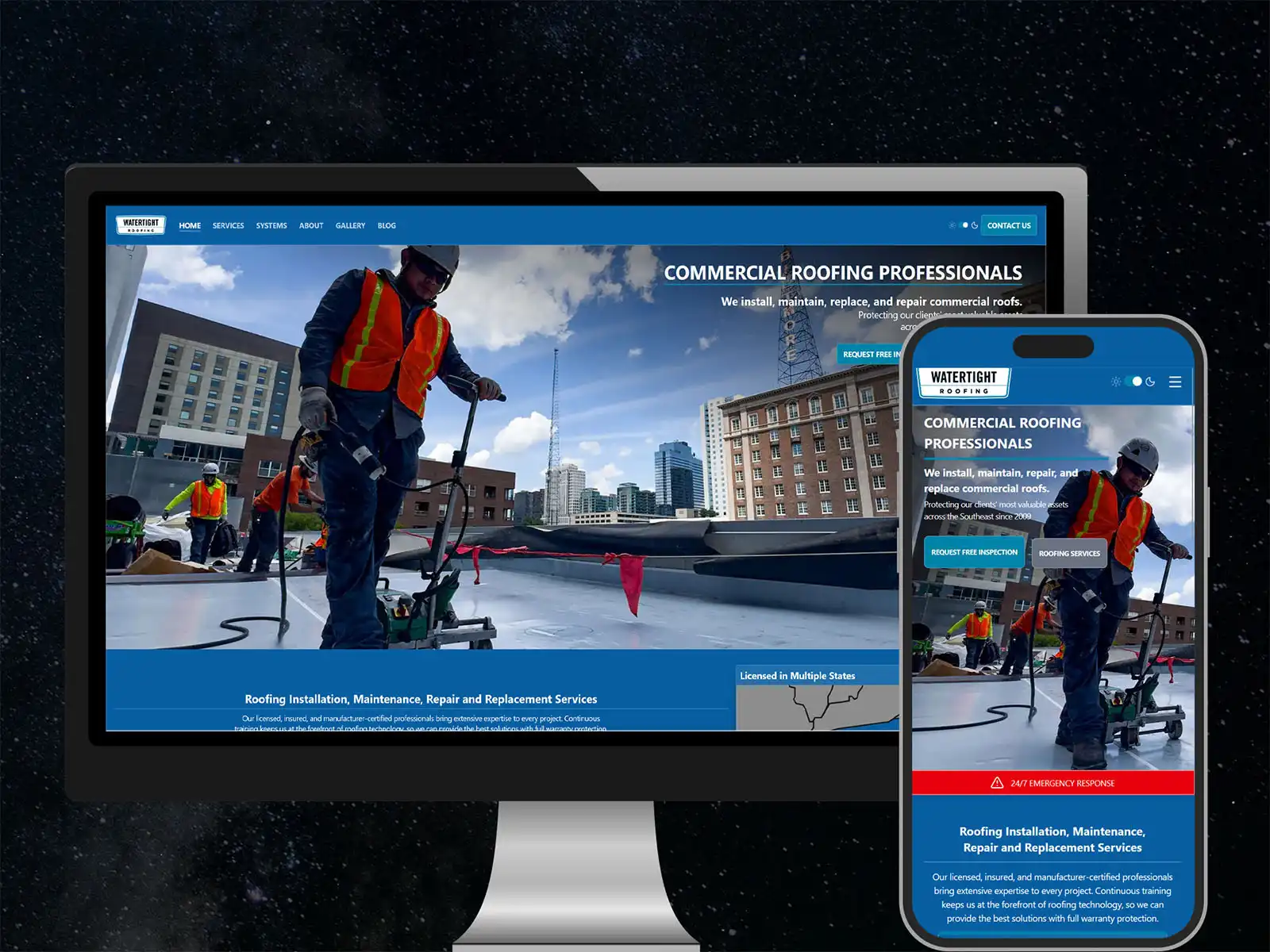 Watertight Roofing website displayed inside a browser window