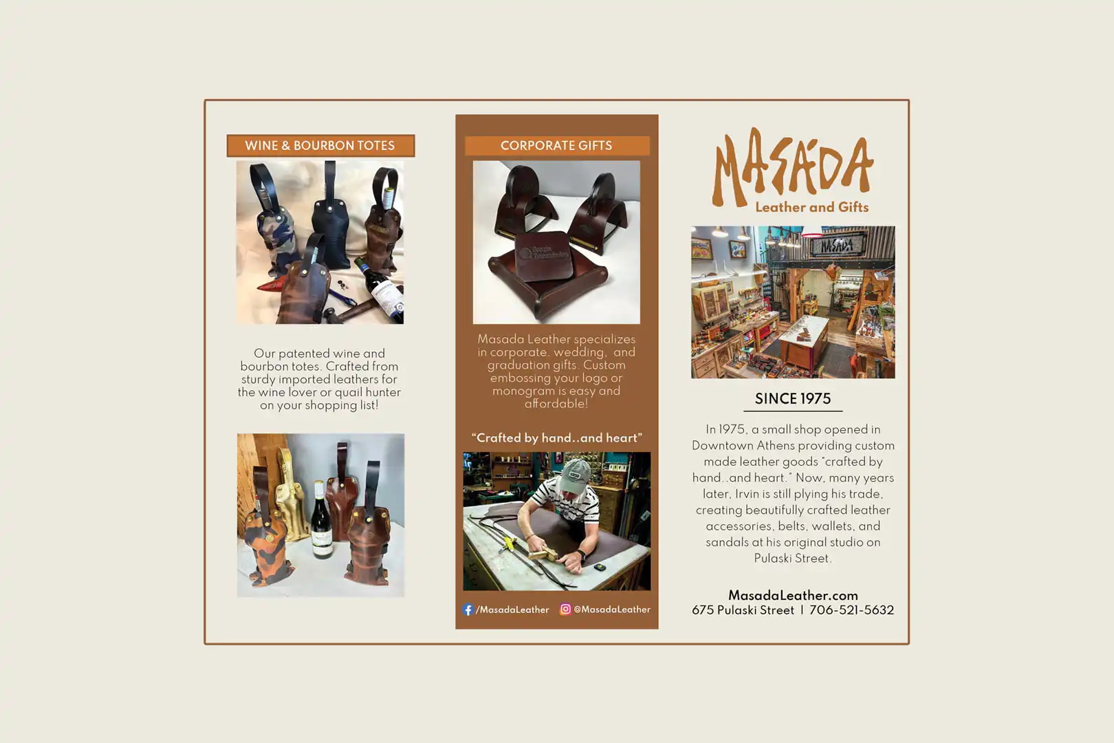 Trifold Brochure for Masada Leather in Athens, GA